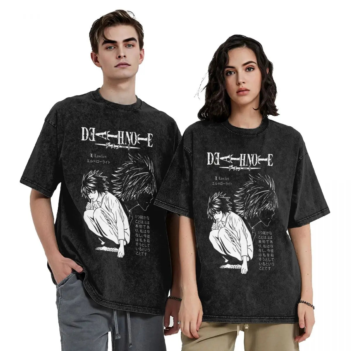 L Lawlet Japanese Death Note Anime T Shirts Hip Hop Washed Cotton Street T-Shirt Vintage Men Tops Streetwear Summer Tee Shirt