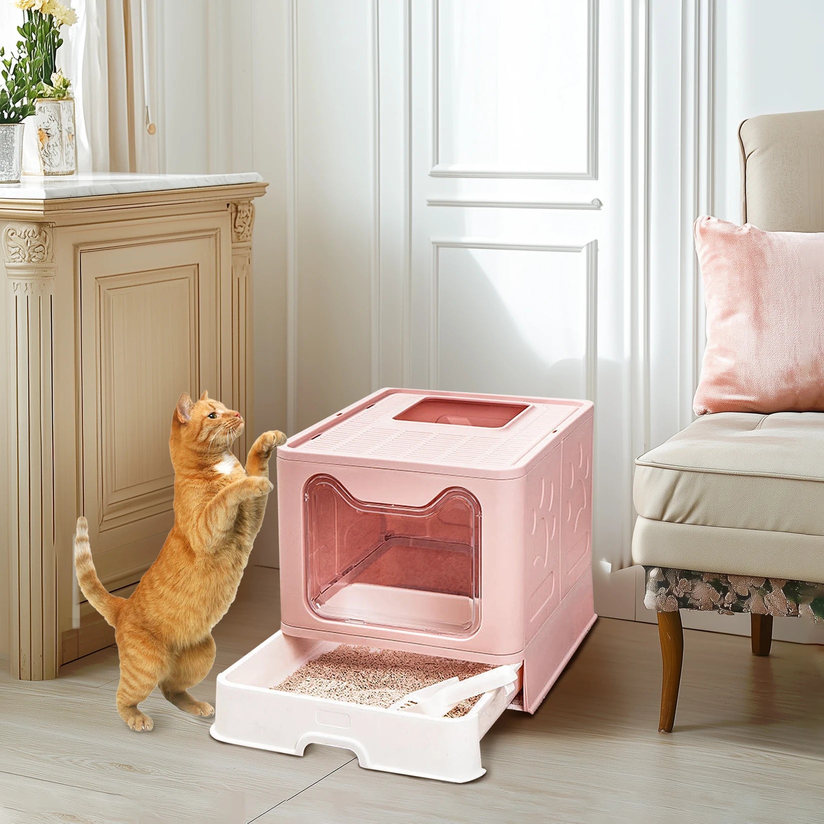 Foldable Self-Cleaning Enclosed Cat Litter Box Tray